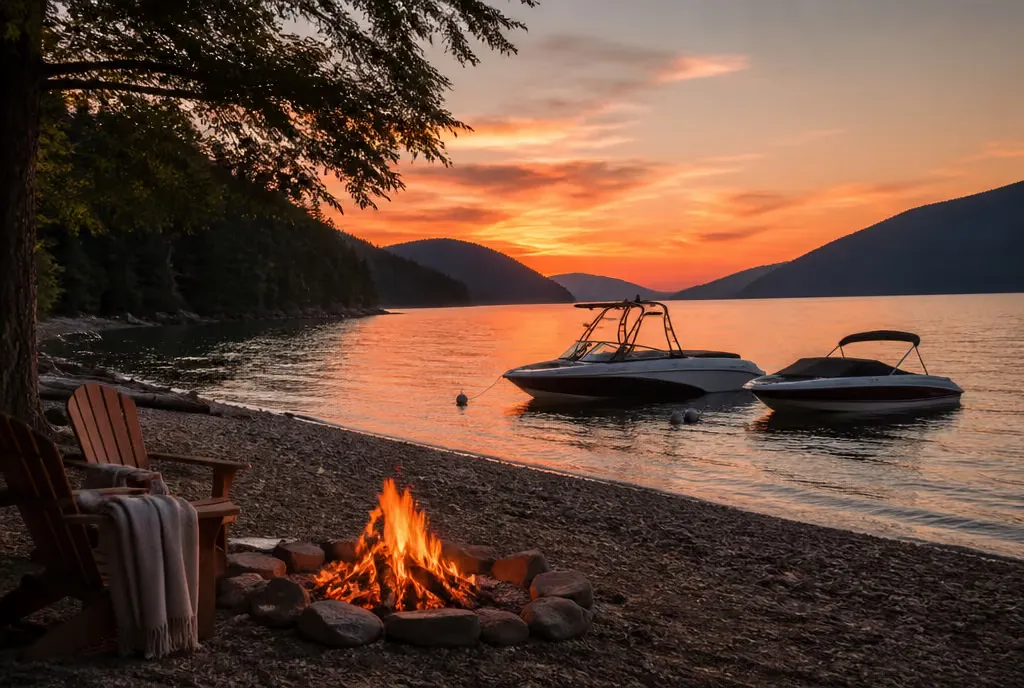 A lakeside bonfire at dusk with boats moored nearby on Shuswap Lake