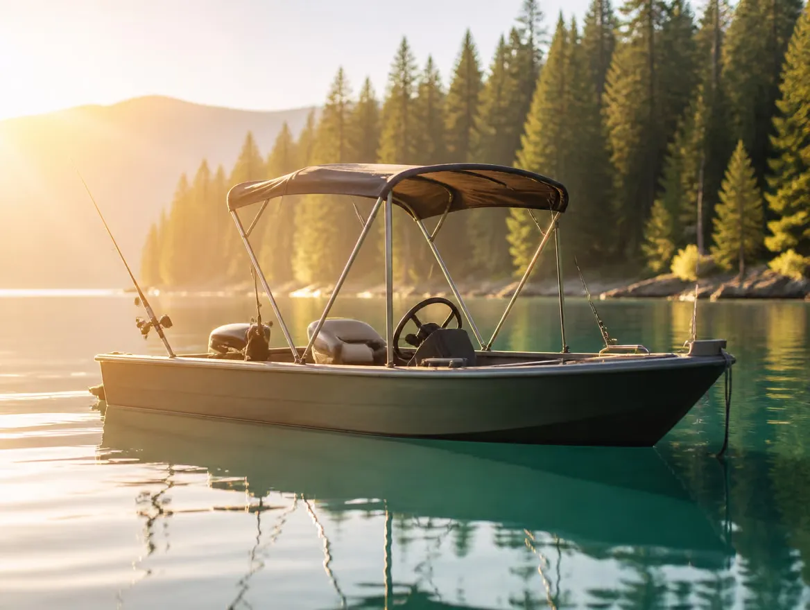 A 14 foot aluminum fishing boat on calm water