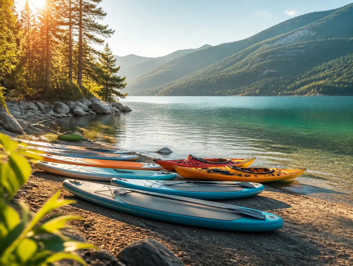 Paddleboards and kayaks on the shore of Shuswap Lake