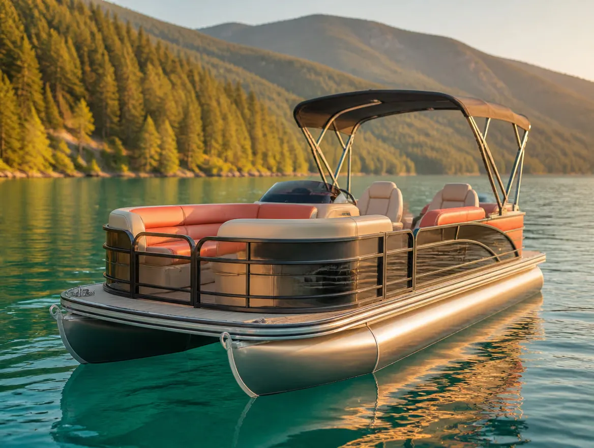 A modern rental pontoon boat on turquoise Shuswap Lake water