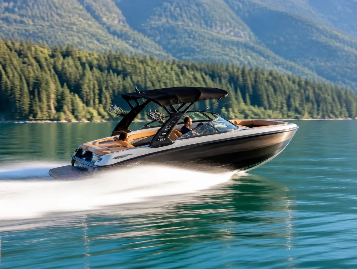 A sport wake boat carving a wake across the lake