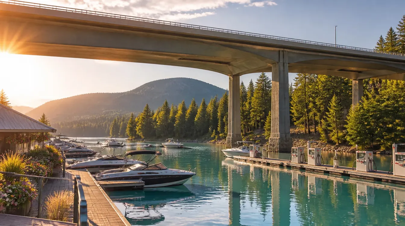Red's Rentals marina dock and fuel dock on the Sicamous channel under the Highway 1 bridge at golden hour