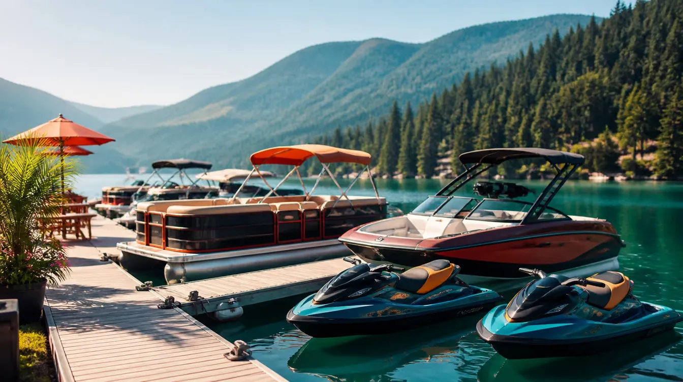 Rental boats and Sea-Doos lined up at Red's Rentals marina dock on Shuswap Lake