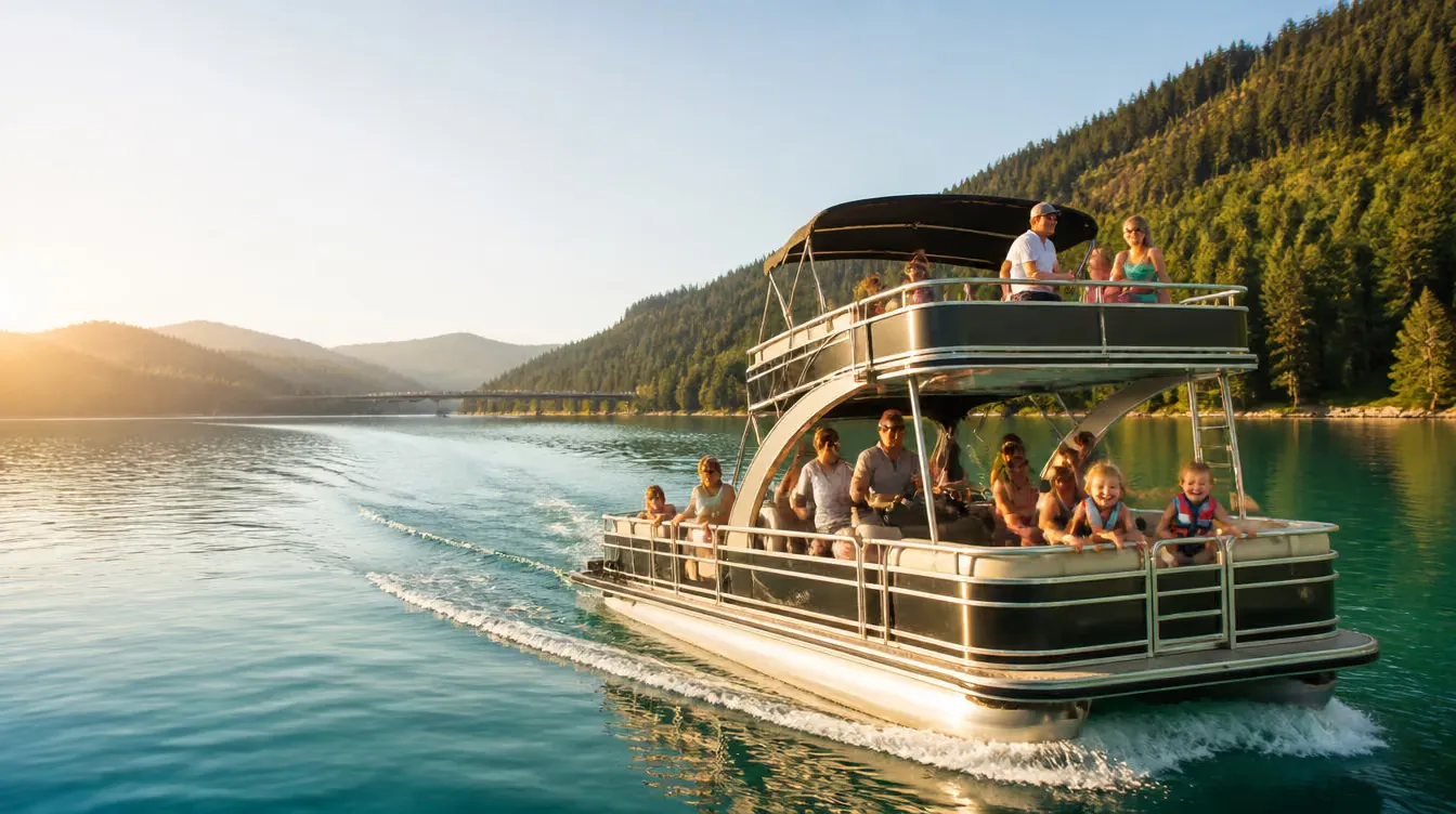 A double-decker pontoon boat full of families cruising Shuswap Lake at golden hour