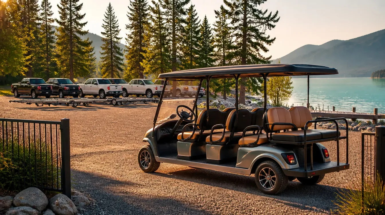 Red's electric shuttle and a gated lot of trucks and trailers beside the Sicamous boat launch