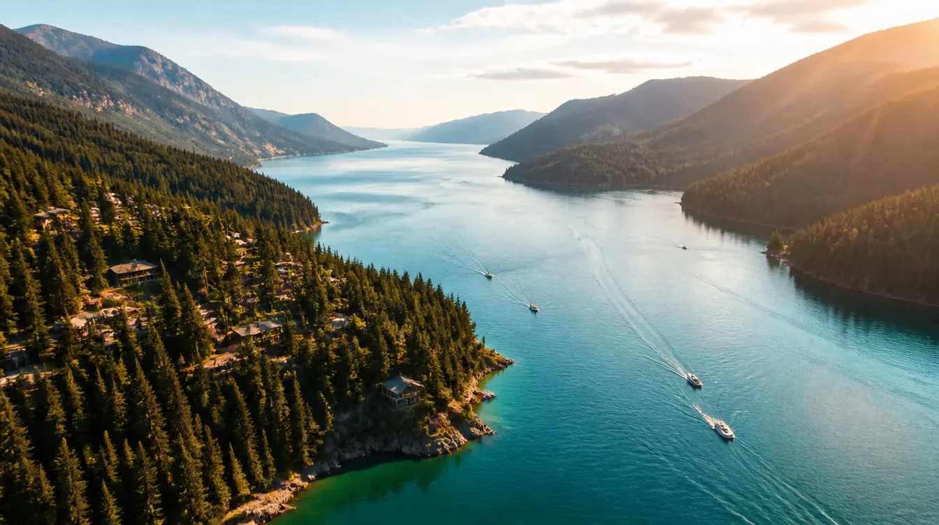 An aerial view of Shuswap Lake winding through forested mountains near Sicamous, BC
