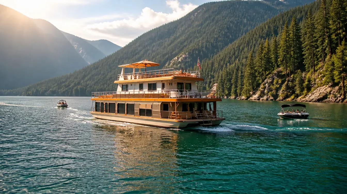 A houseboat cruising Shuswap Lake between forested mountains
