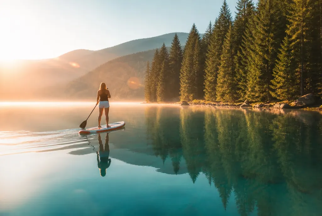 A paddleboarder on calm Shuswap Lake water at sunrise