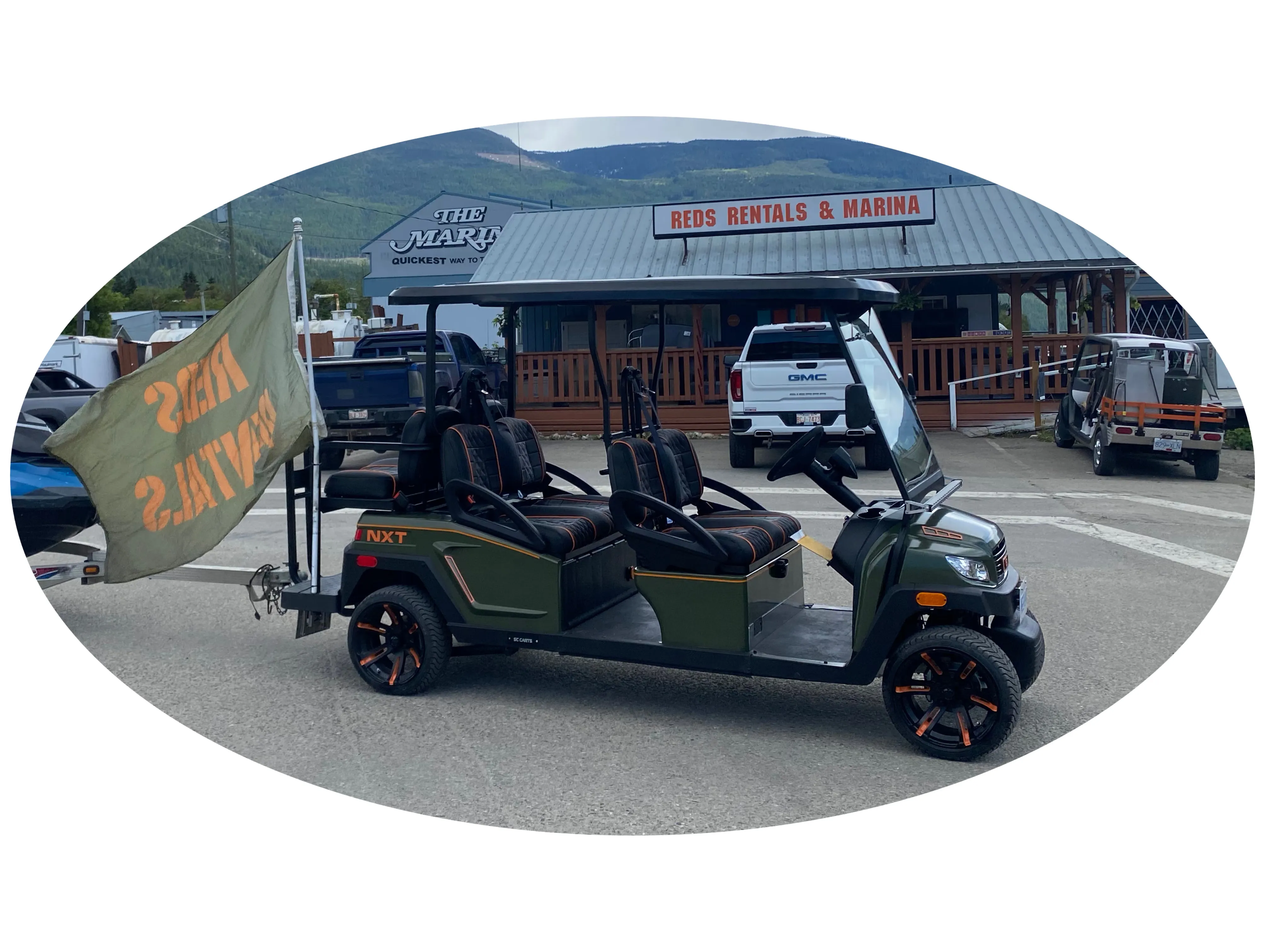 Red's all-electric open-air shuttle at the Sicamous marina