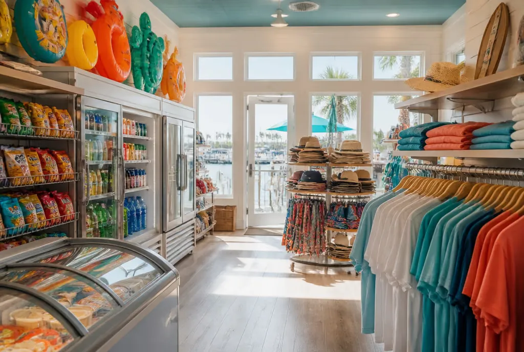 Inside Red's marina store, stocked with drinks, ice cream, clothing and water toys