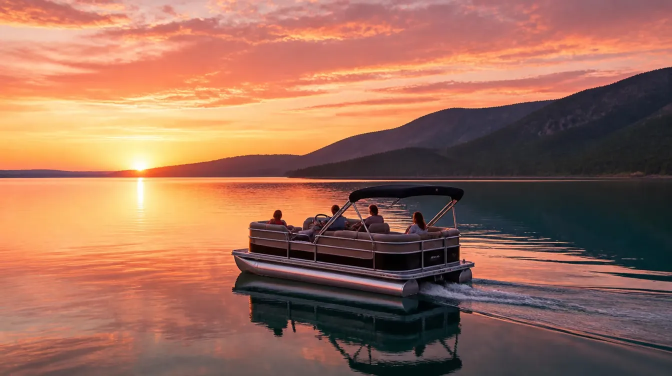 A pontoon boat cruising Shuswap Lake at sunset